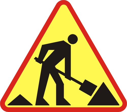 Żółty trójkątny znak z czerwoną ramą, w środku czarna grafika przedstawiająca postać z łopatą pracującą przy drodze